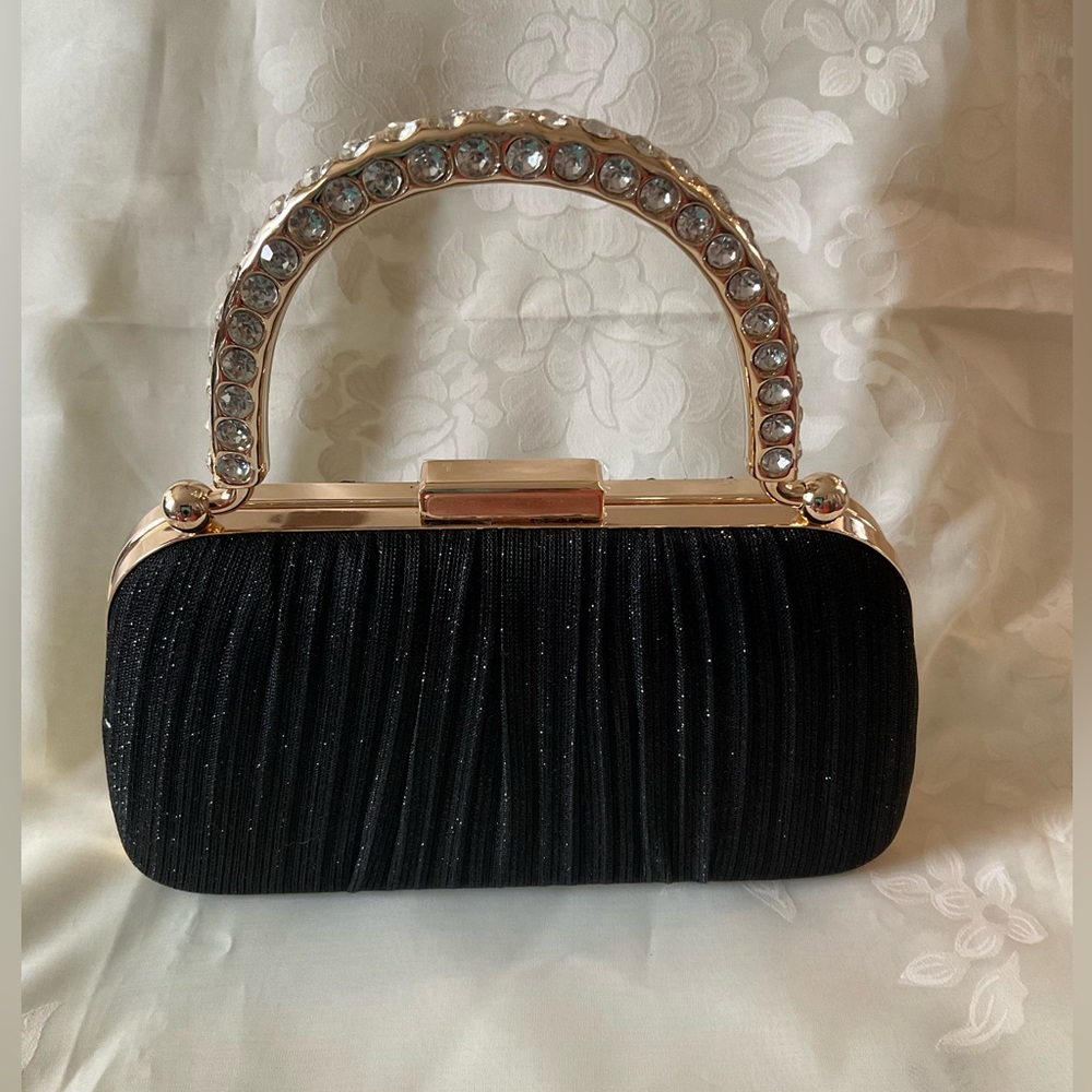 YYW Elegant Black Clutch with Rhinestone Handle and Clasp. NWT